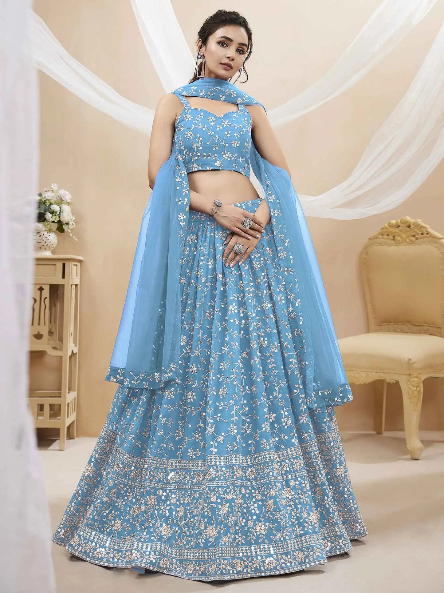 Sky Blue Georgette Lehenga With Sequins And Zari Embroidery Work