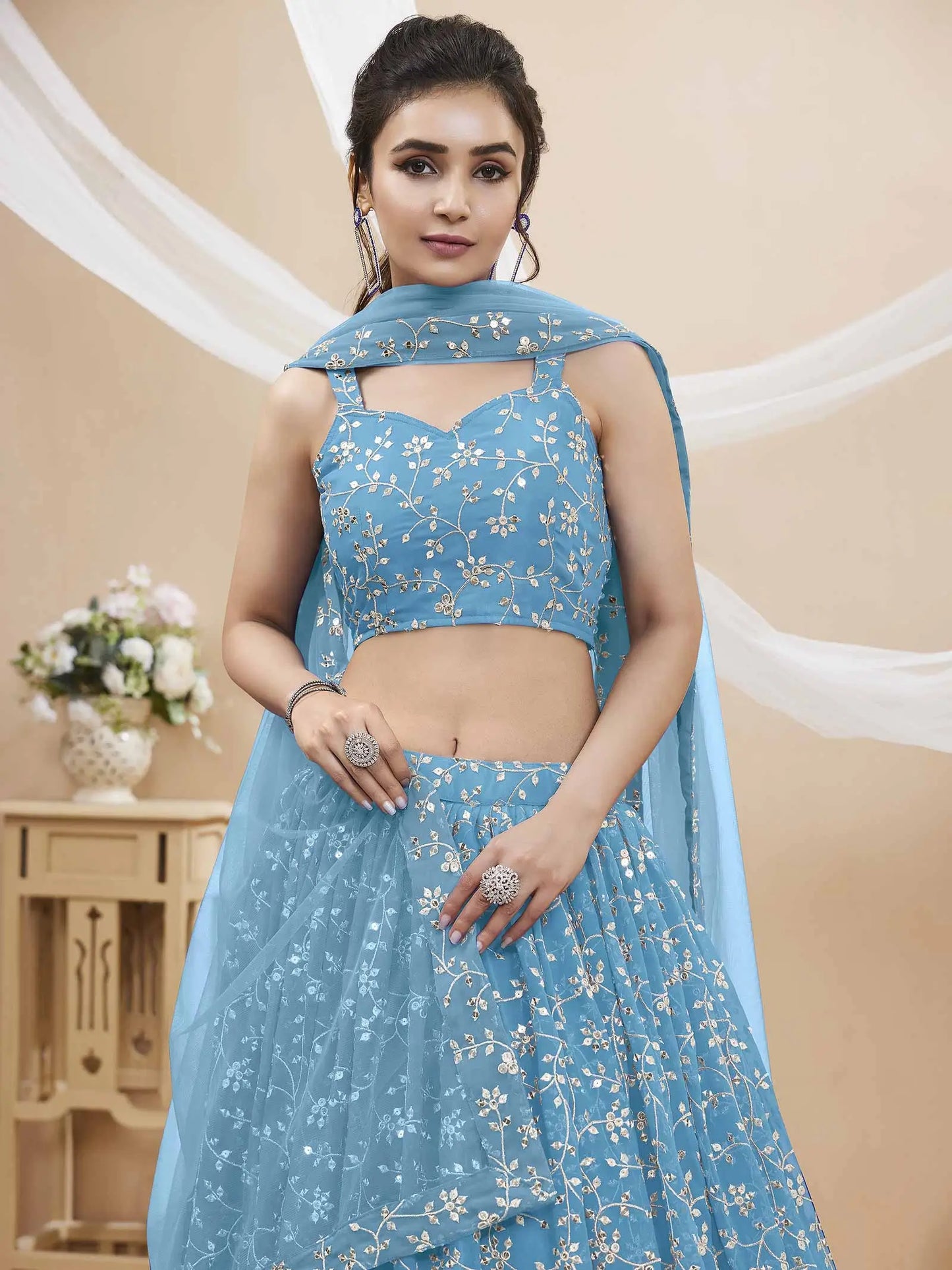 Sky Blue Georgette Lehenga With Sequins And Zari Embroidery Work