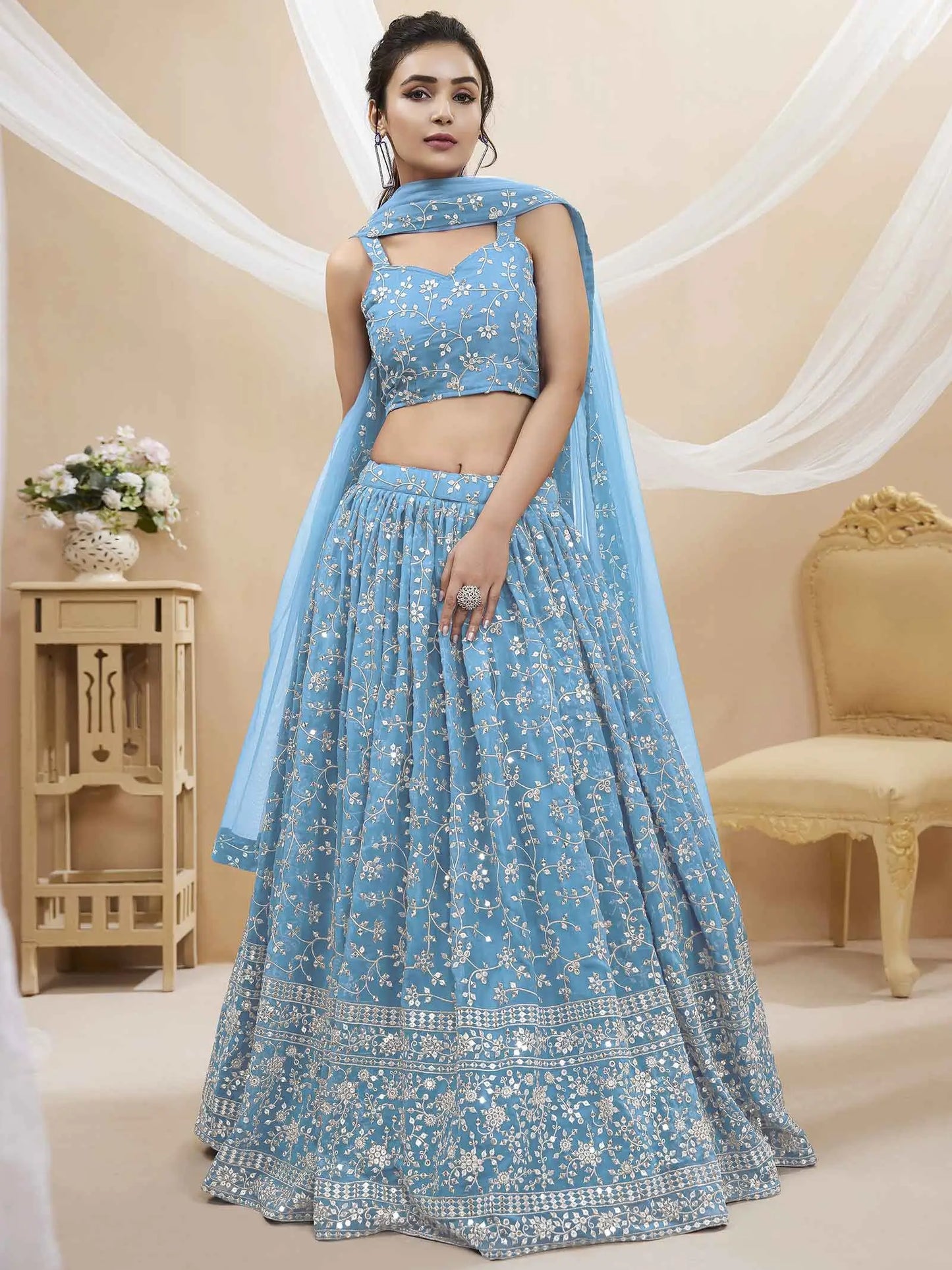 Sky Blue Georgette Lehenga With Sequins And Zari Embroidery Work