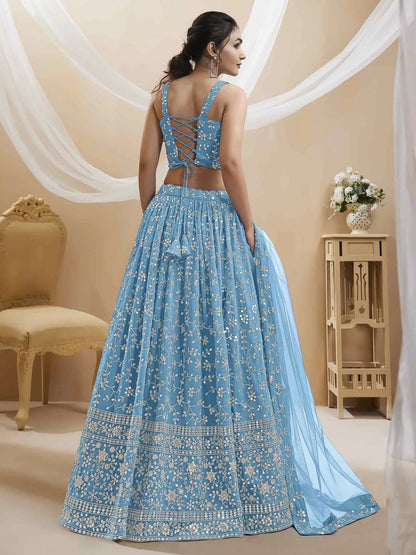 Sky Blue Georgette Lehenga With Sequins And Zari Embroidery Work