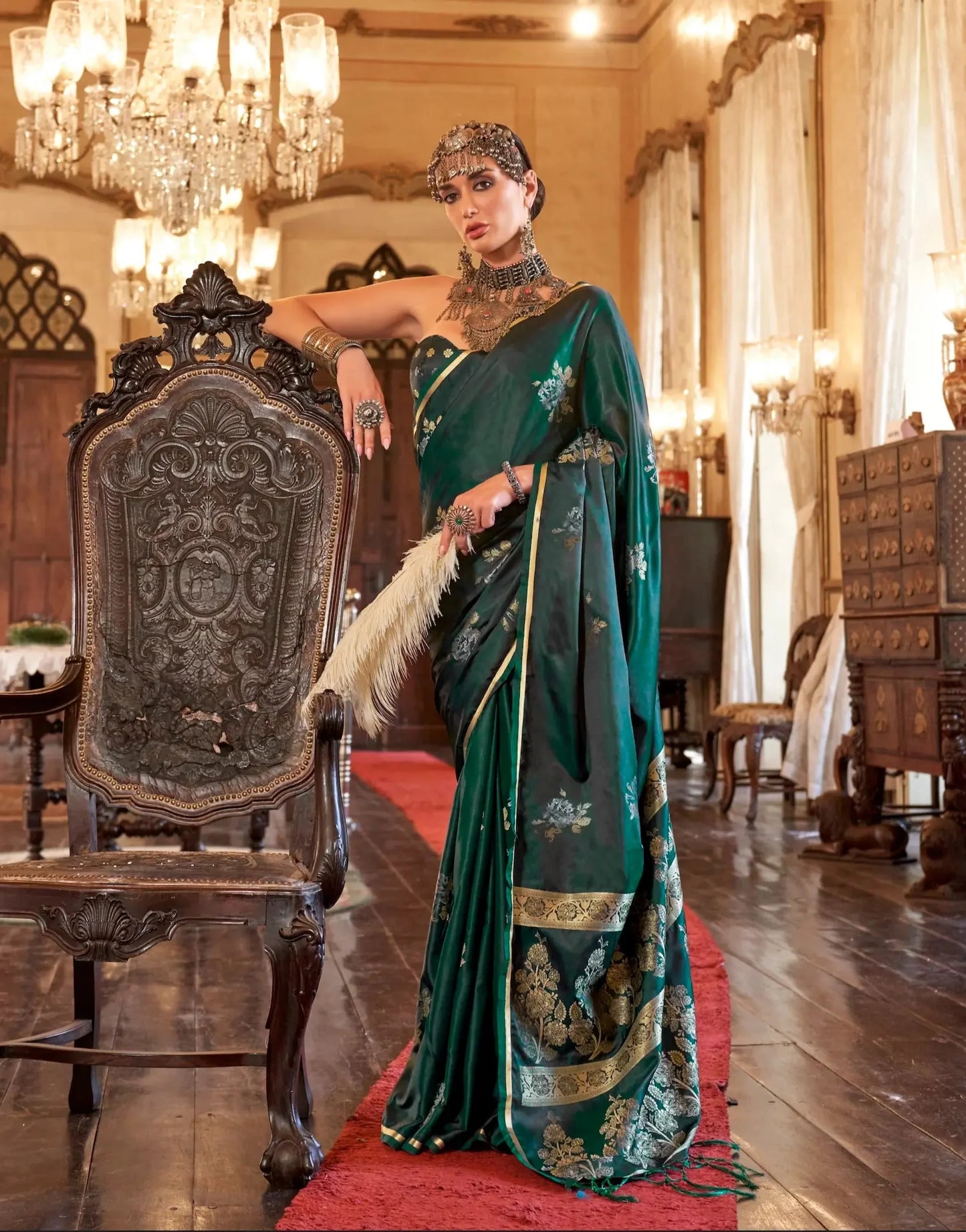 Dark Green Satin Handloom Zari Weaving silk Saree