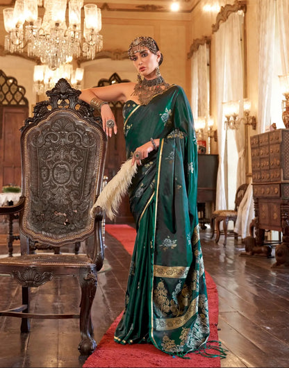 Dark Green Satin Handloom Zari Weaving silk Saree