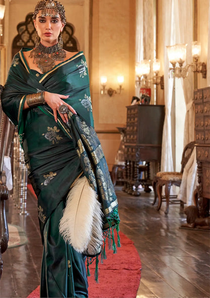Dark Green Satin Handloom Zari Weaving silk Saree