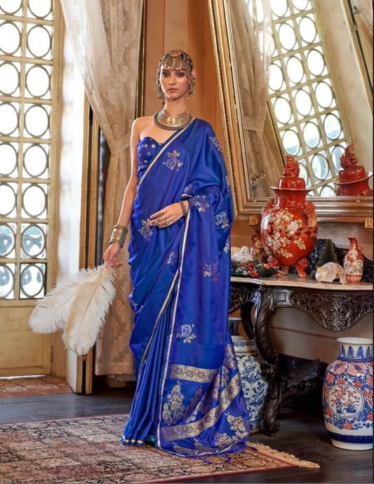 Peacock Blue Satin Handloom Zari Weaving silk Saree