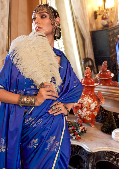 Peacock Blue Satin Handloom Zari Weaving silk Saree