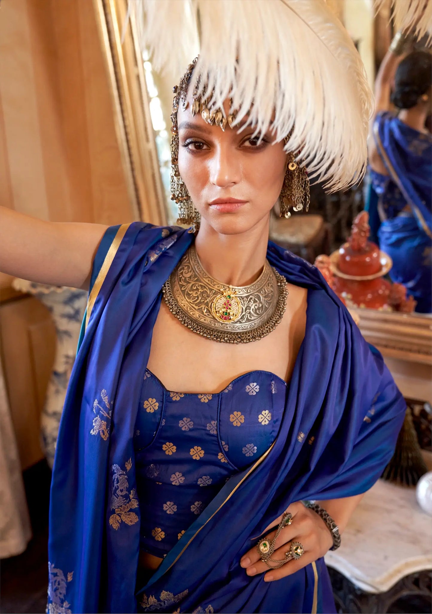 Peacock Blue Satin Handloom Zari Weaving silk Saree