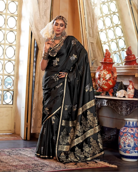 Hot Black Satin Handloom Zari Weaving silk Saree
