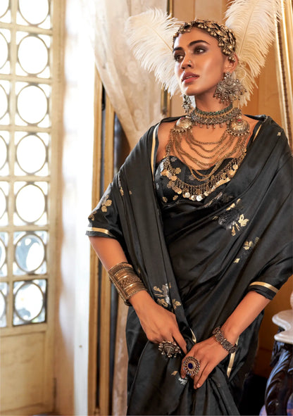 Hot Black Satin Handloom Zari Weaving silk Saree
