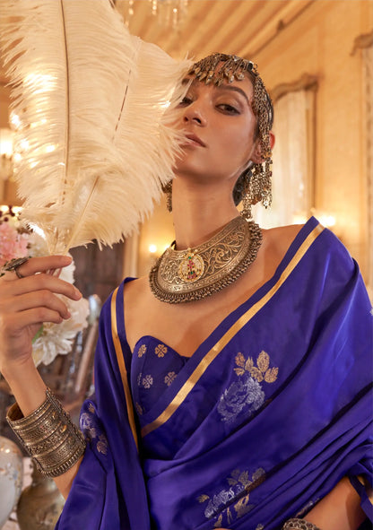 Bluish Purple Satin Handloom Zari Weaving silk Saree