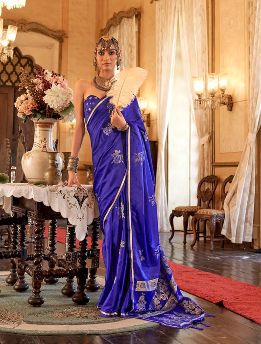 Bluish Purple Satin Handloom Zari Weaving silk Saree