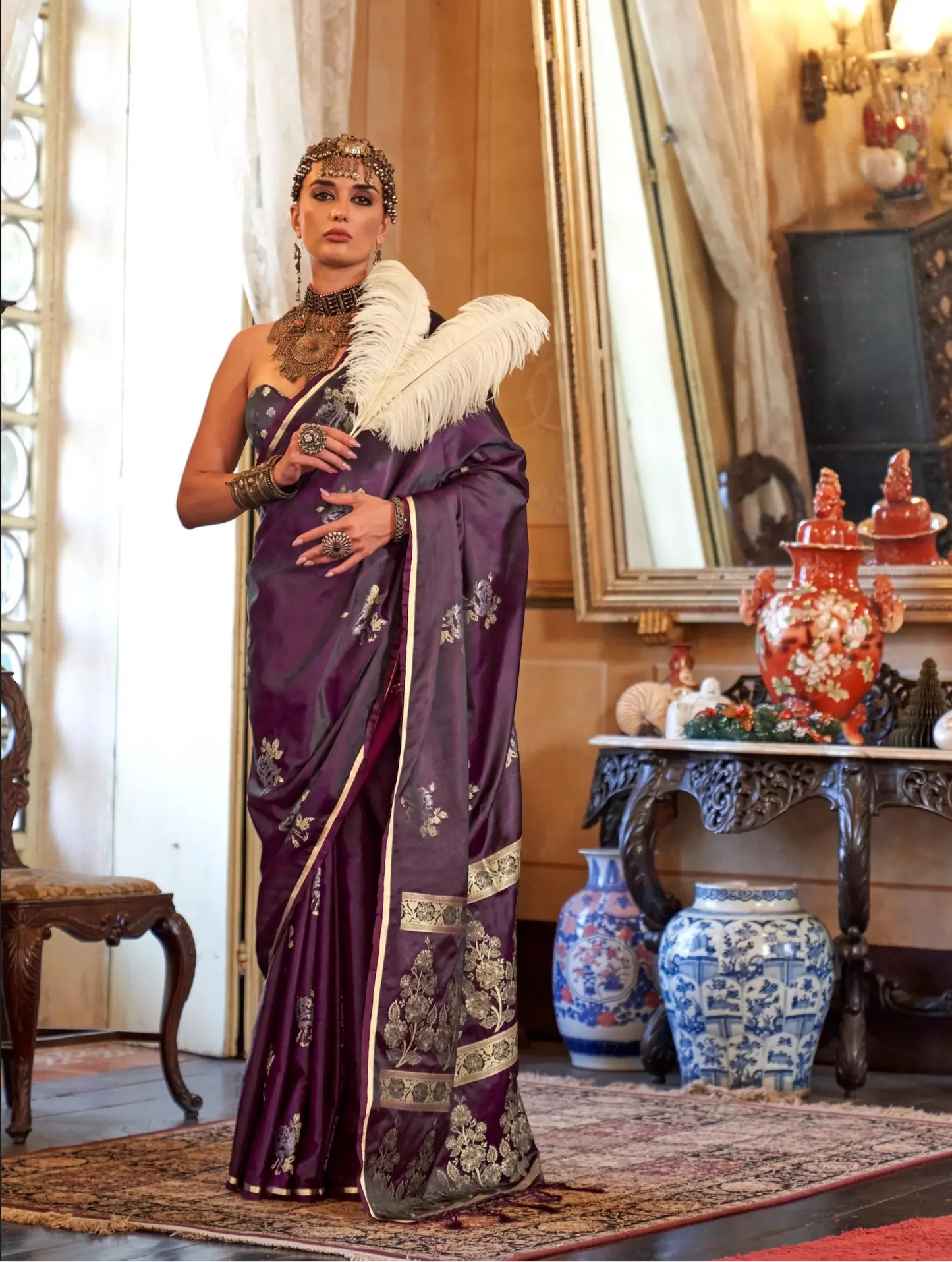 Dark Wine Satin Handloom Zari Weaving silk Saree