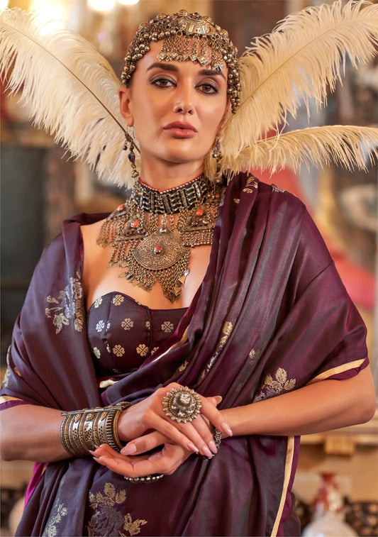 Dark Wine Satin Handloom Zari Weaving silk Saree