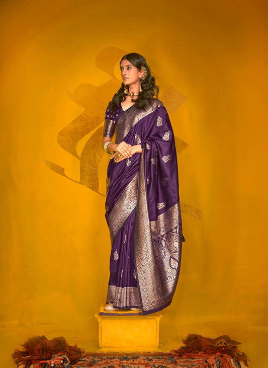 Wine Two Tone Handloom Silk Saree With Zari Weaving Work