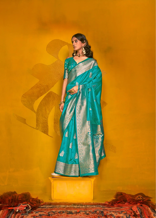 Teal Blue Two Tone Handloom Silk Saree With Zari Weaving Work