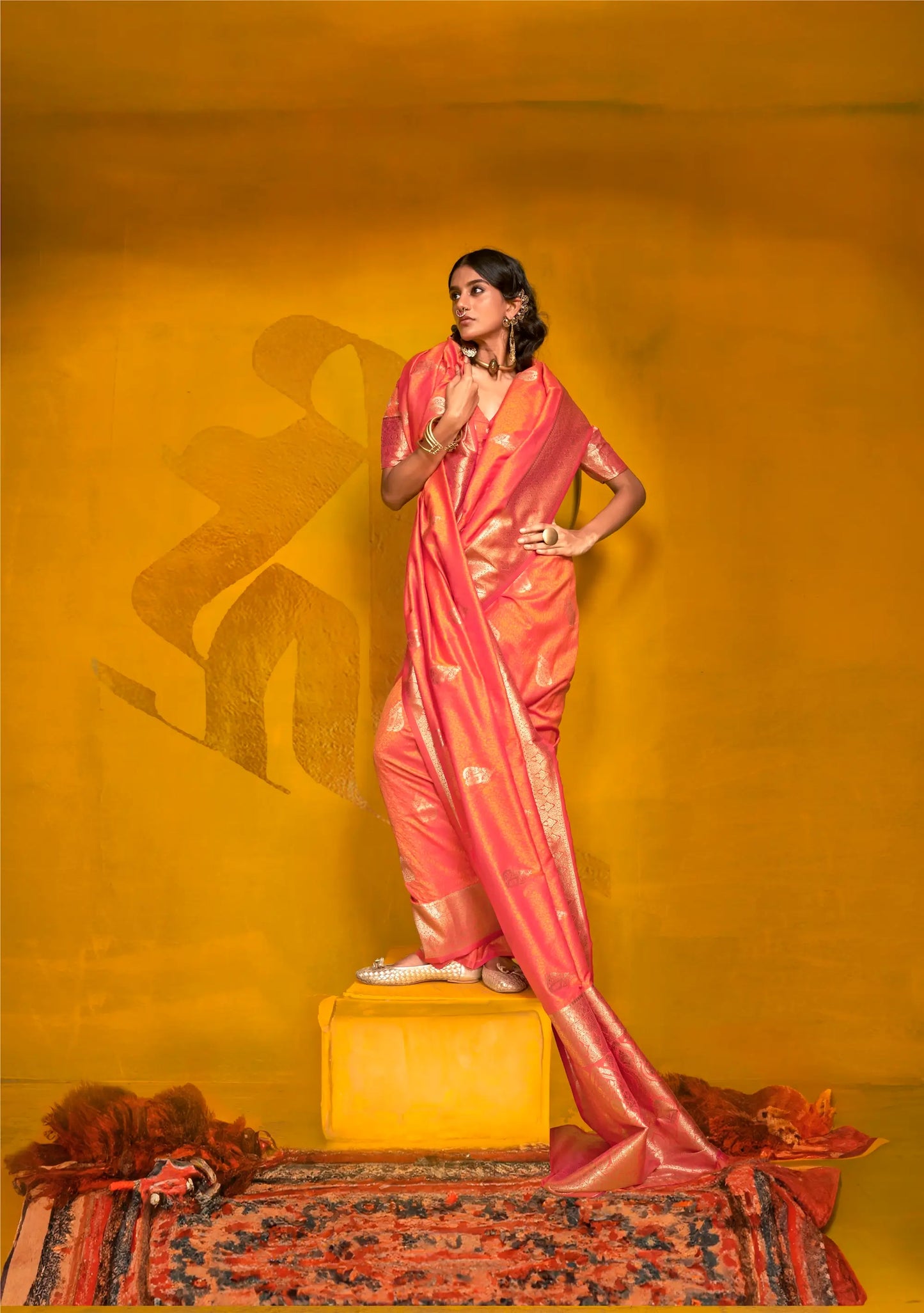 Orange Two Tone Handloom Silk Saree With Zari Weaving Work