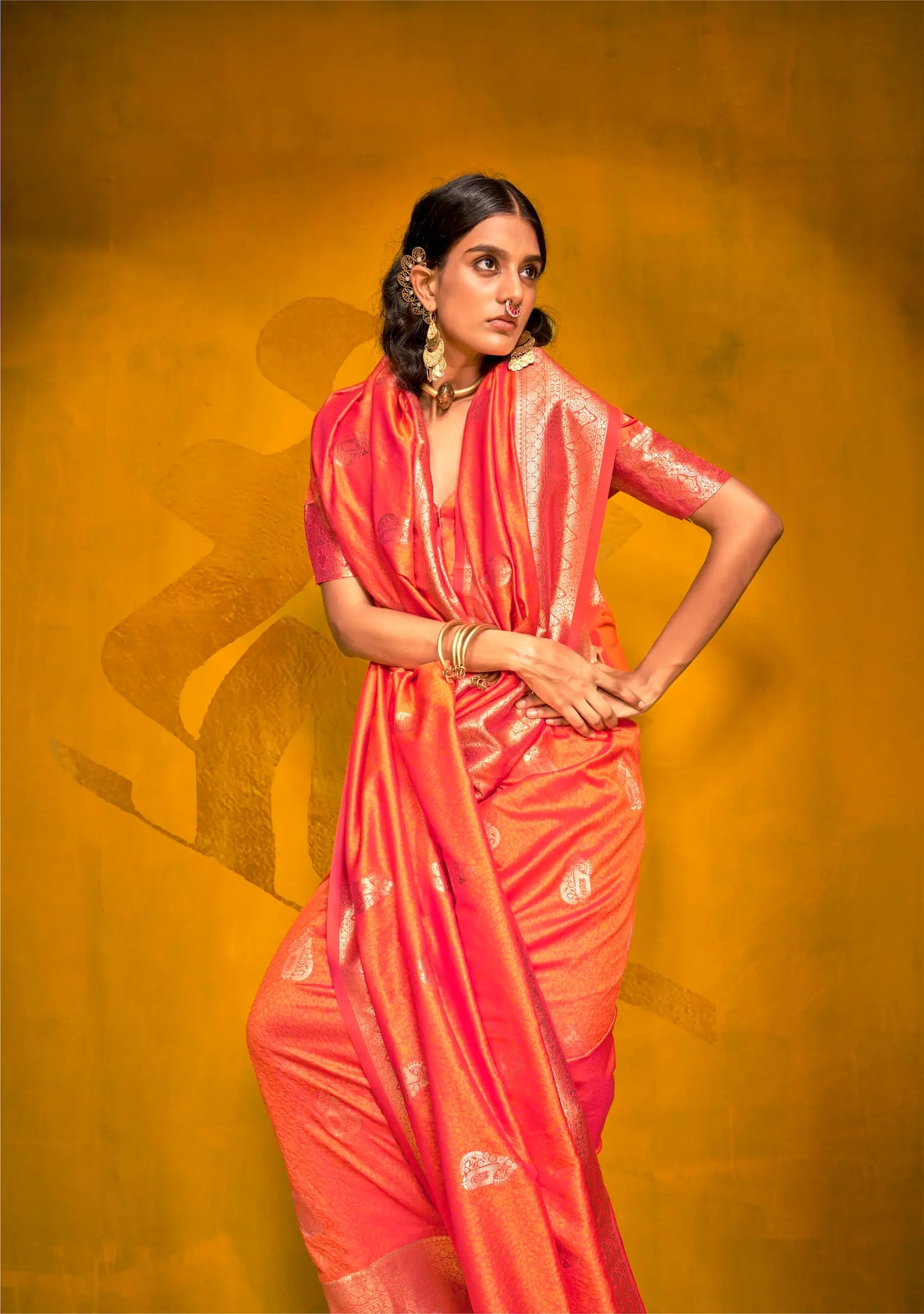 Orange Two Tone Handloom Silk Saree With Zari Weaving Work