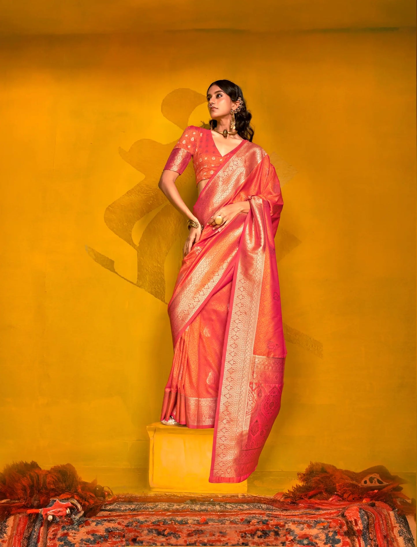 Orange Two Tone Handloom Silk Saree With Zari Weaving Work