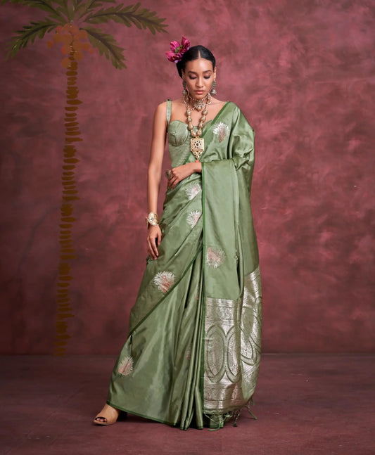 Pista Green Satin Handloom Banarasi Zari Weaving Silk Saree
