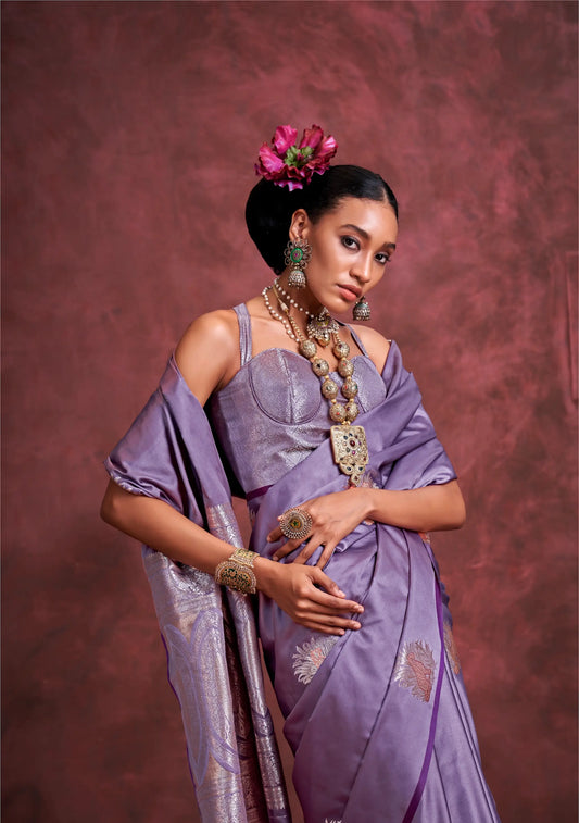 Lavender Satin Handloom Banarasi Zari Weaving Silk Saree