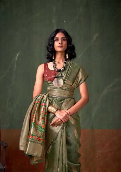 Olive Green Paithani Tissue Handloom Weaving Silk Saree