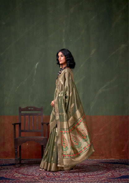 Olive Green Paithani Tissue Handloom Weaving Silk Saree