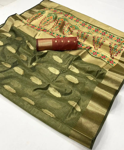 Olive Green Paithani Tissue Handloom Weaving Silk Saree