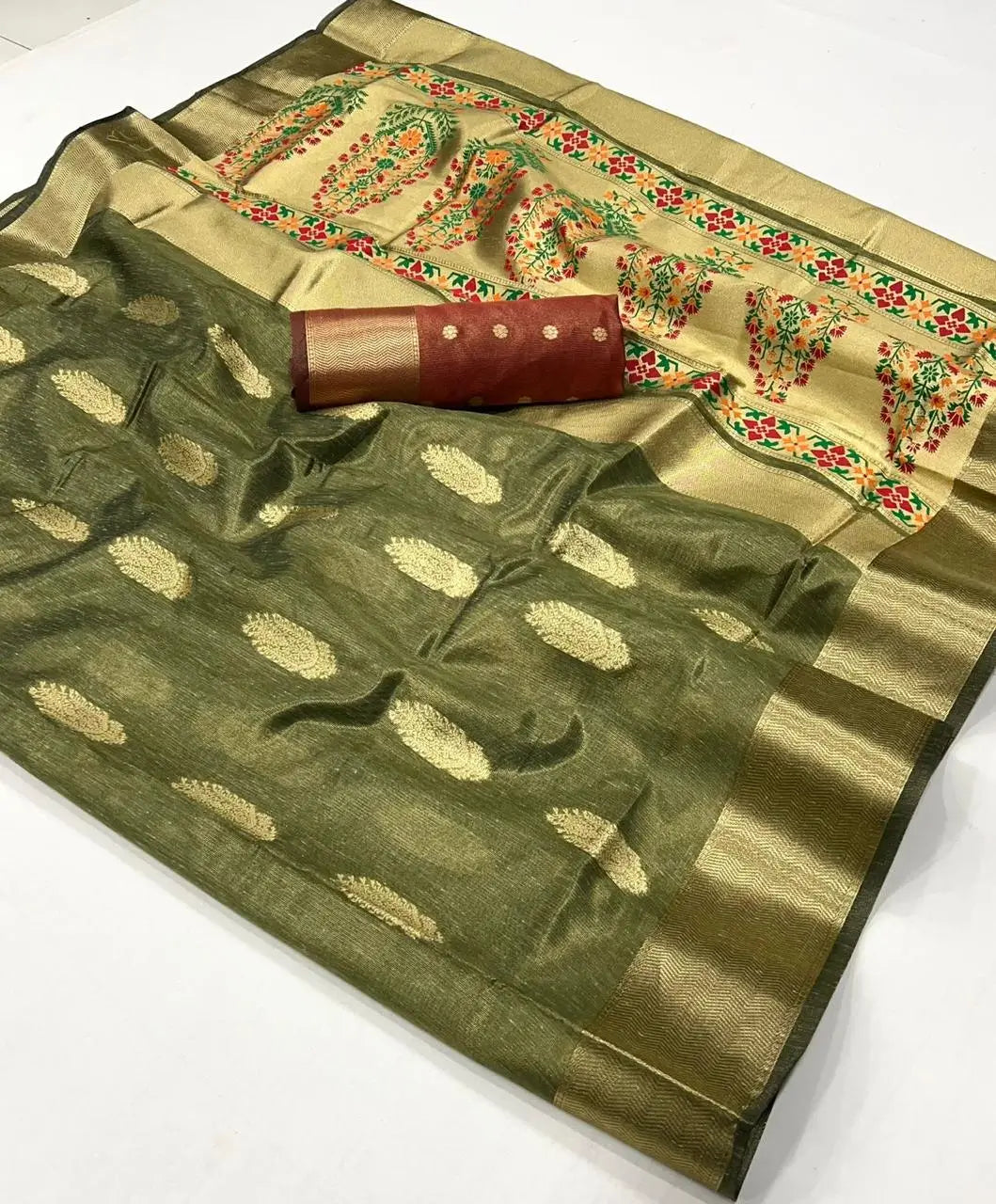 Olive Green Paithani Tissue Handloom Weaving Silk Saree