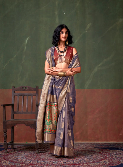 Blue Grey Paithani Tissue Handloom Weaving Silk Saree