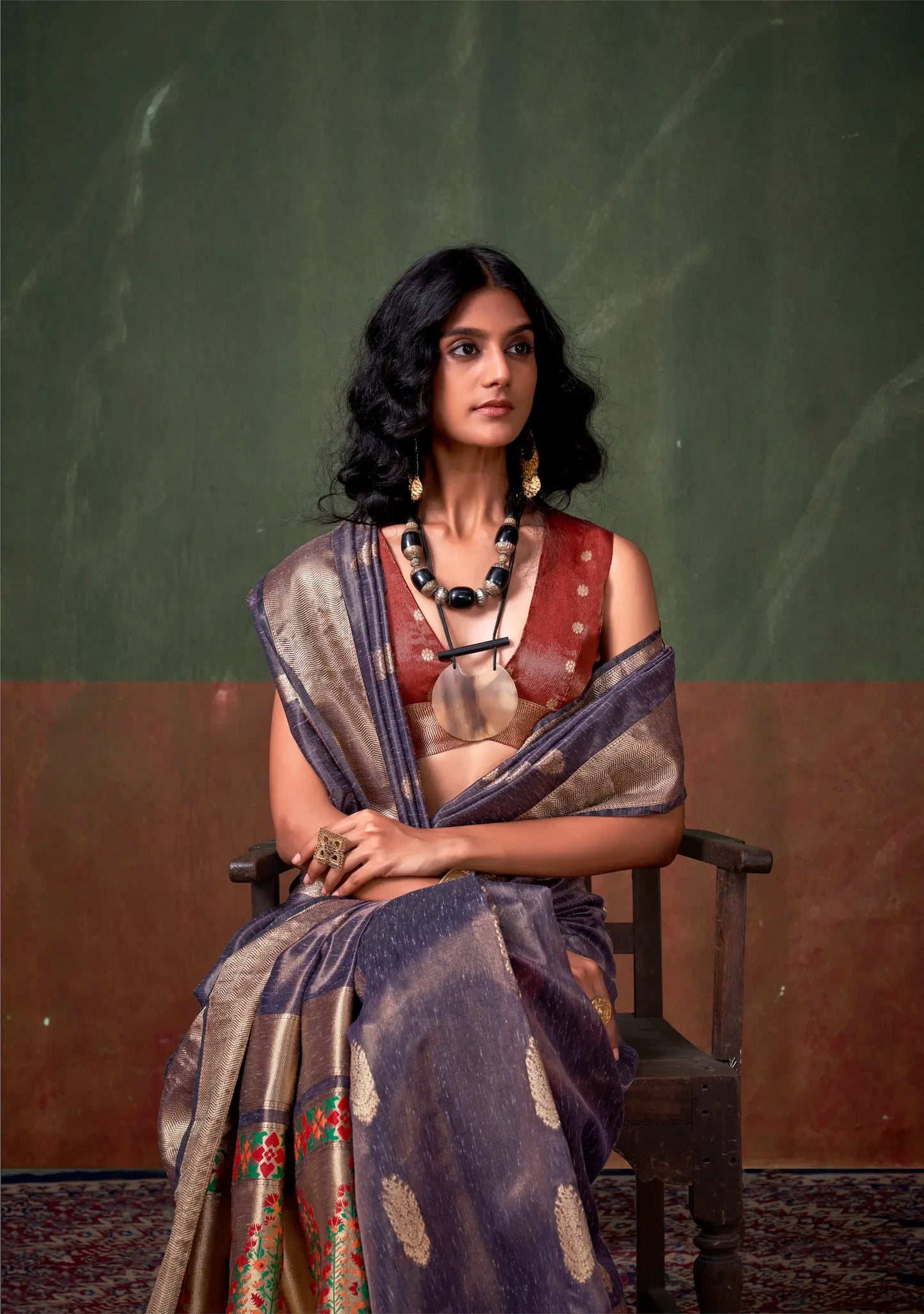 Blue Grey Paithani Tissue Handloom Weaving Silk Saree