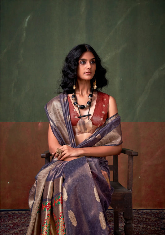 Blue Grey Paithani Tissue Handloom Weaving Silk Saree