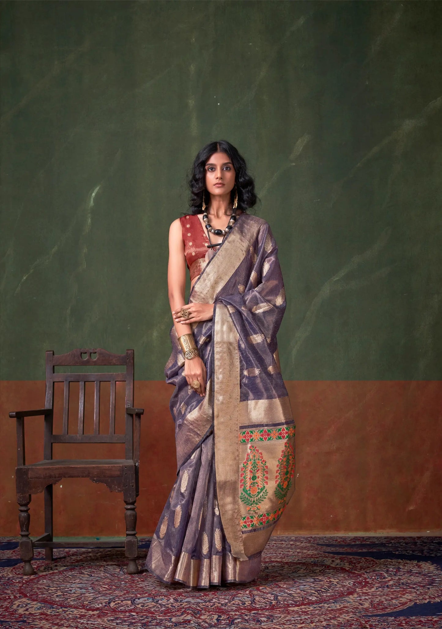 Blue Grey Paithani Tissue Handloom Weaving Silk Saree