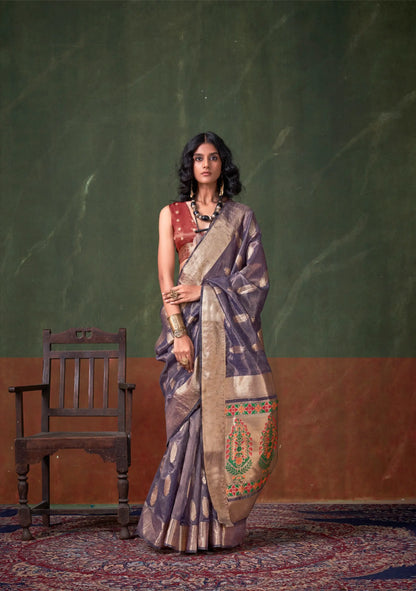 Blue Grey Paithani Tissue Handloom Weaving Silk Saree