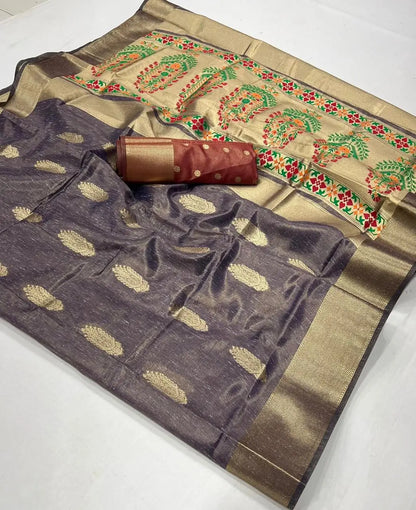 Blue Grey Paithani Tissue Handloom Weaving Silk Saree