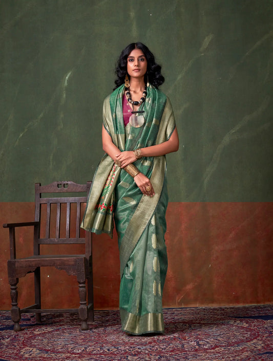 Sage Green Paithani Tissue Handloom Weaving Silk Saree