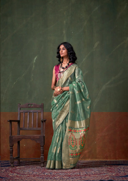 Sage Green Paithani Tissue Handloom Weaving Silk Saree