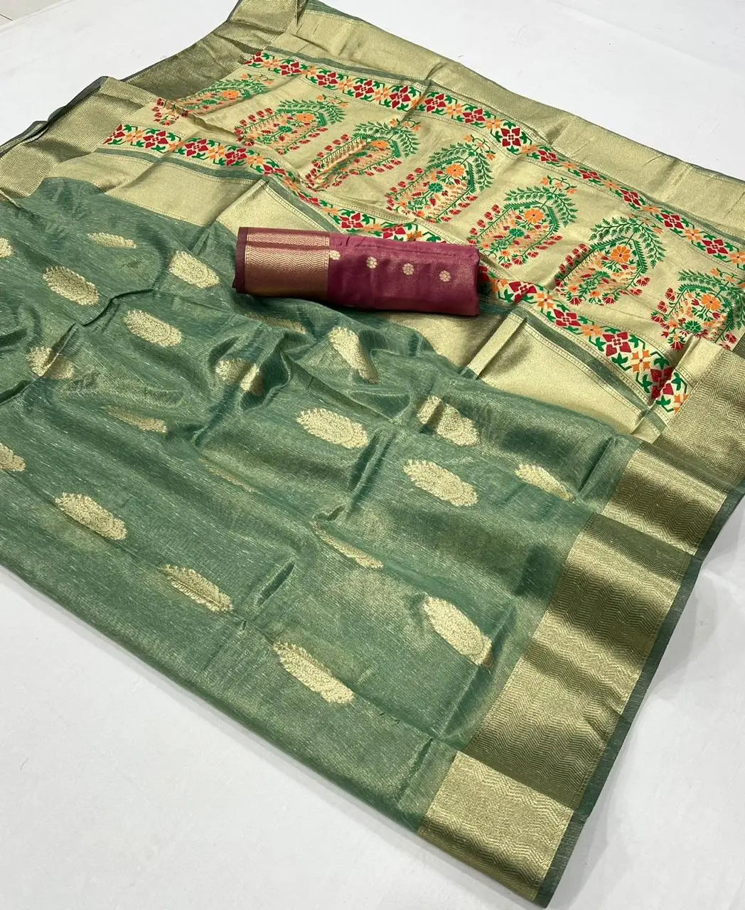 Sage Green Paithani Tissue Handloom Weaving Silk Saree