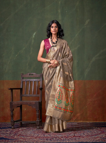 Light Brown Paithani Tissue Handloom Weaving Silk Saree