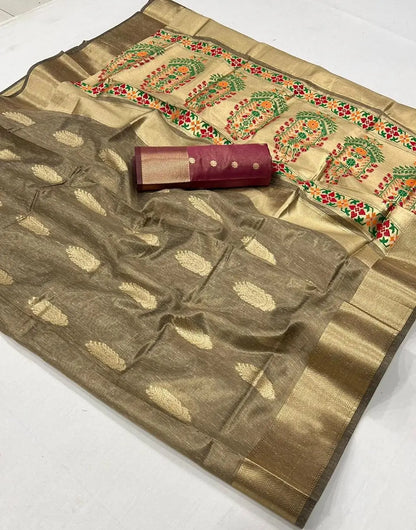 Light Brown Paithani Tissue Handloom Weaving Silk Saree