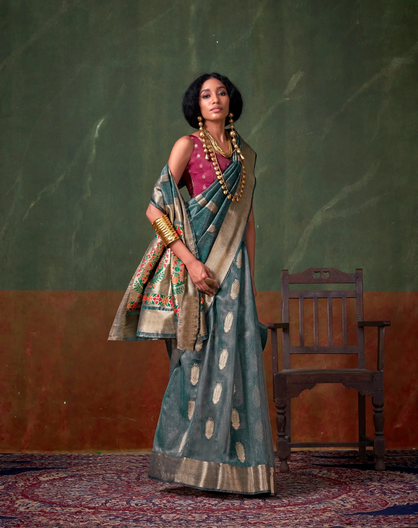 Teal Blue Paithani Tissue Handloom Weaving Silk Saree