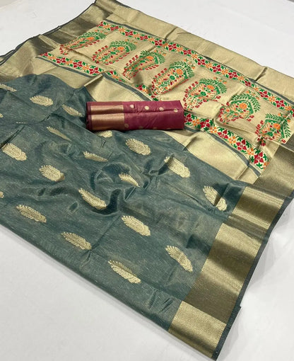 Teal Blue Paithani Tissue Handloom Weaving Silk Saree