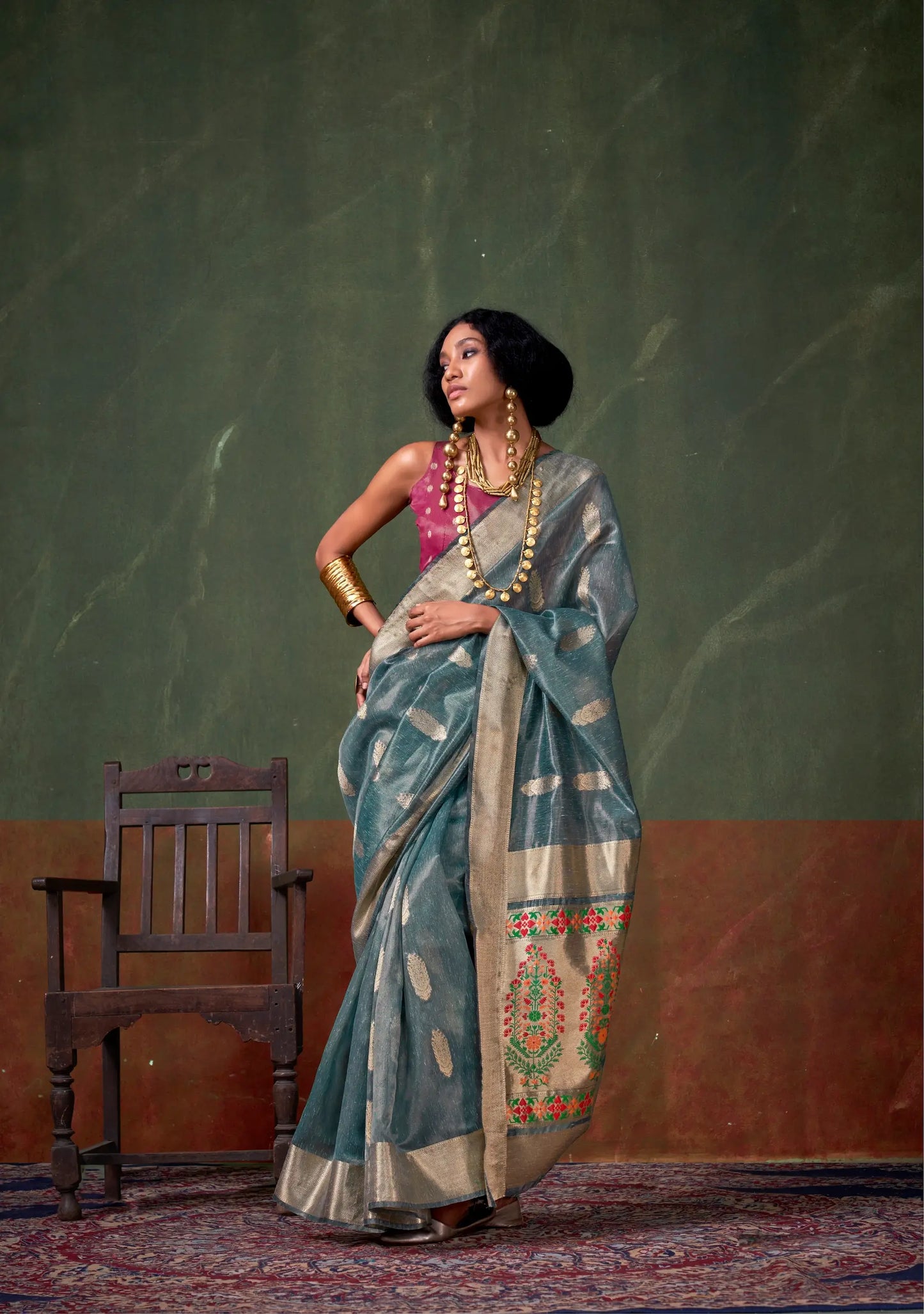 Teal Blue Paithani Tissue Handloom Weaving Silk Saree