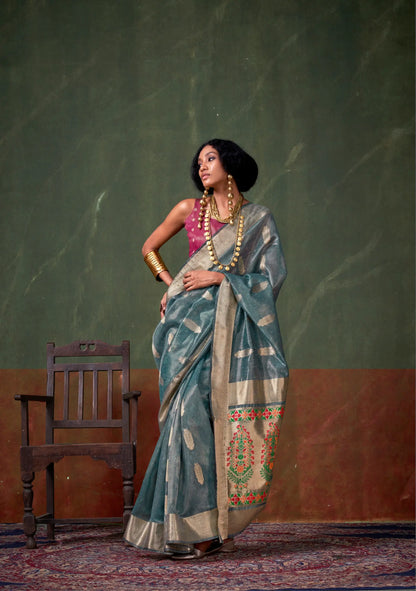 Teal Blue Paithani Tissue Handloom Weaving Silk Saree