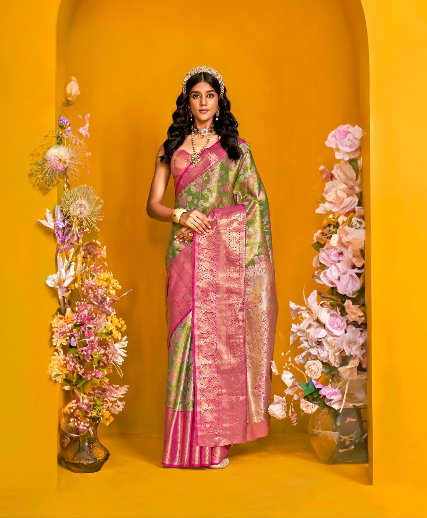 Green-Pink Handloom Silk Saree With Zari Weaving Work