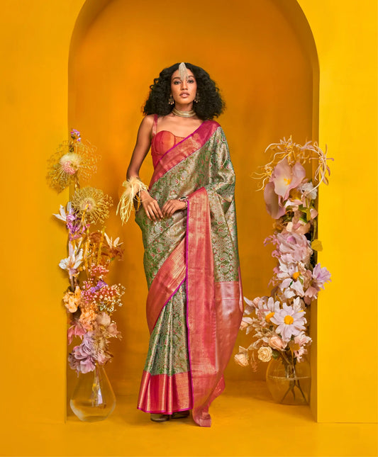 Green-Red Handloom Silk Saree With Zari Weaving Work