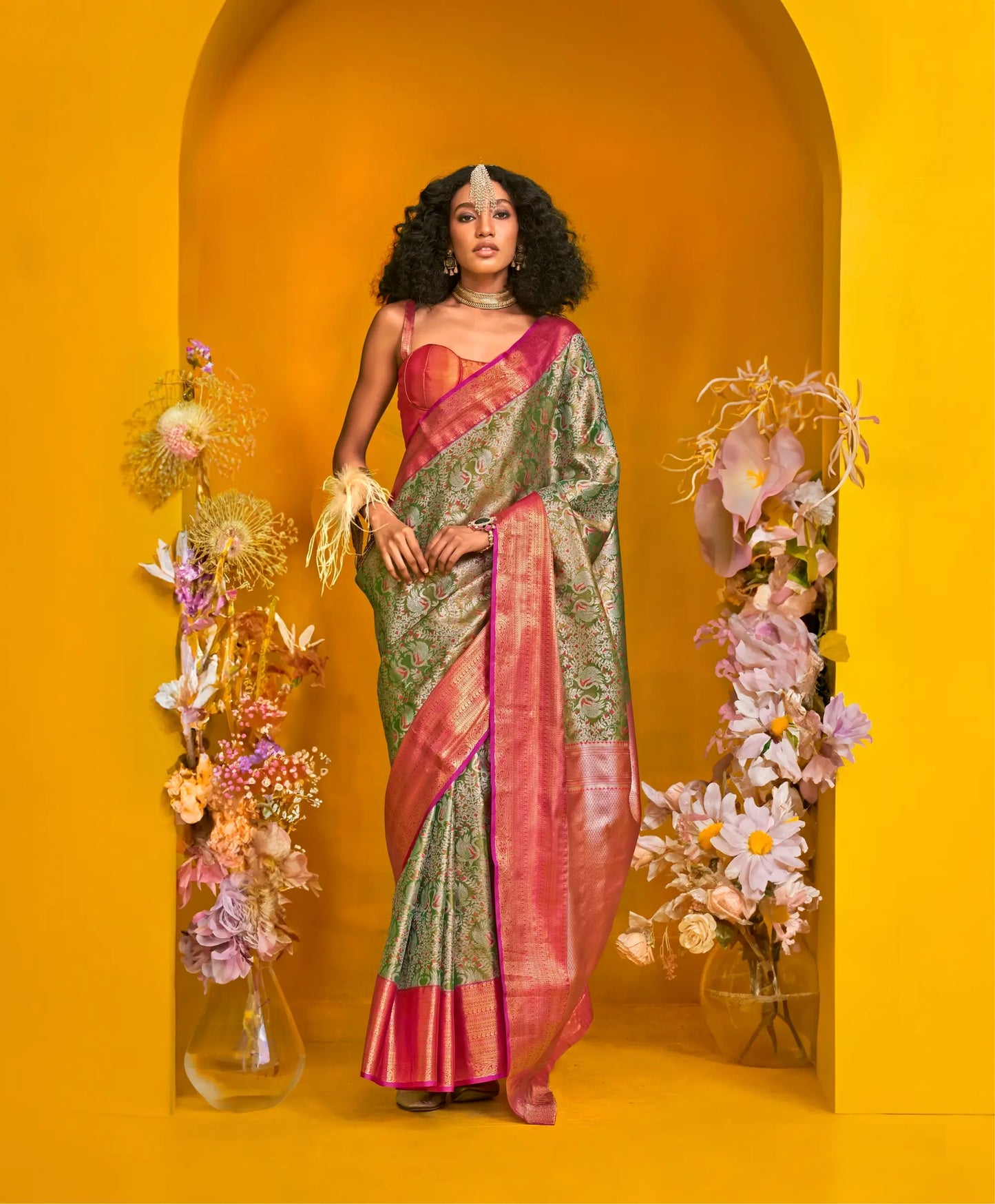 Green-Red Handloom Silk Saree With Zari Weaving Work