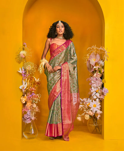 Green-Red Handloom Silk Saree With Zari Weaving Work