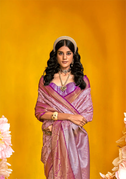 Lavender-Purple Handloom Silk Saree With Zari Weaving Work