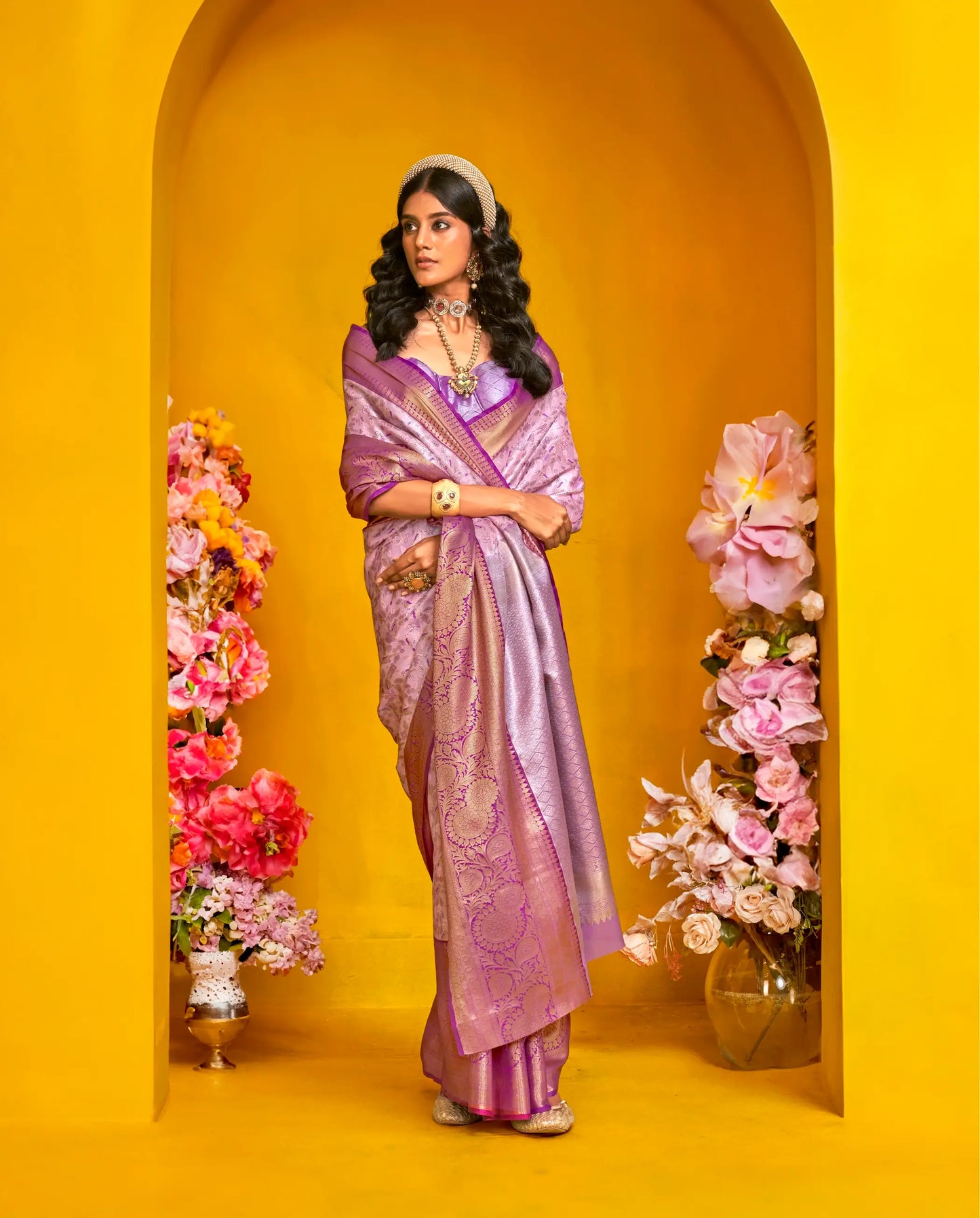Lavender-Purple Handloom Silk Saree With Zari Weaving Work