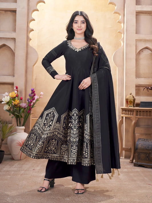 Black Silk Salwar Suit With Mirror Work And Foil Print