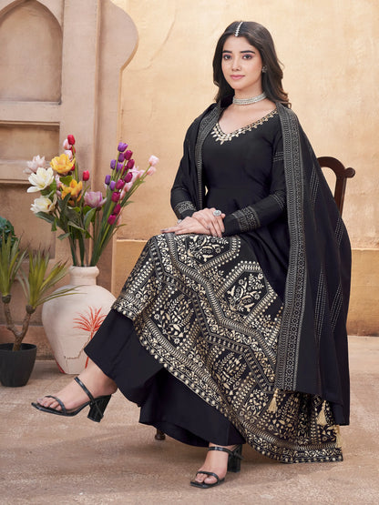 Black Silk Salwar Suit With Mirror Work And Foil Print